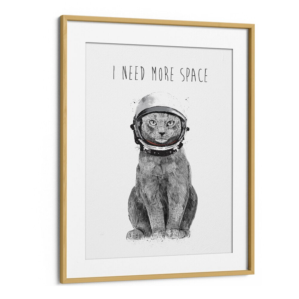 Whimsical cat in an astronaut helmet declares "I Need More Space" in this fantasy art print by Balazs Solti.