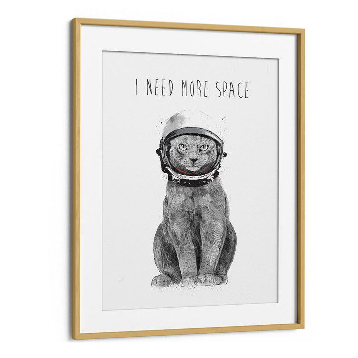 Whimsical cat in an astronaut helmet declares "I Need More Space" in this fantasy art print by Balazs Solti.