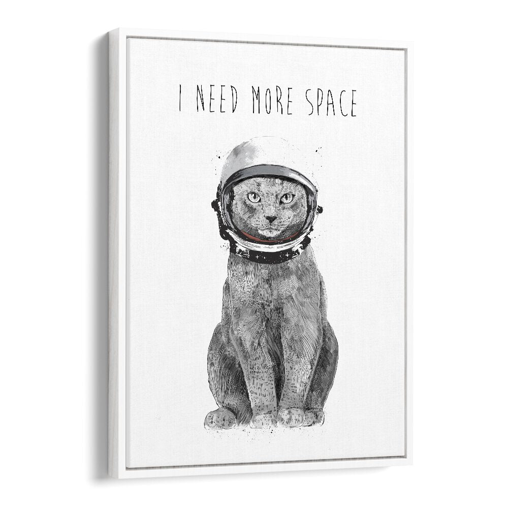 Whimsical cat in astronaut helmet with "I NEED MORE SPACE, FANTASY" text, perfect for space-themed decor by Balazs Solti.