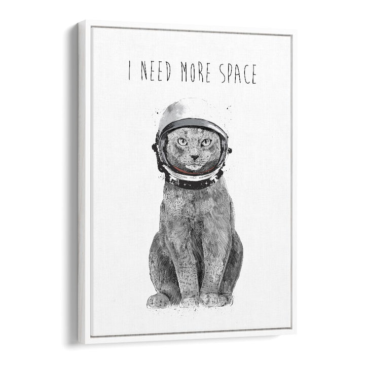 Whimsical cat in astronaut helmet with "I NEED MORE SPACE, FANTASY" text, perfect for space-themed decor by Balazs Solti.