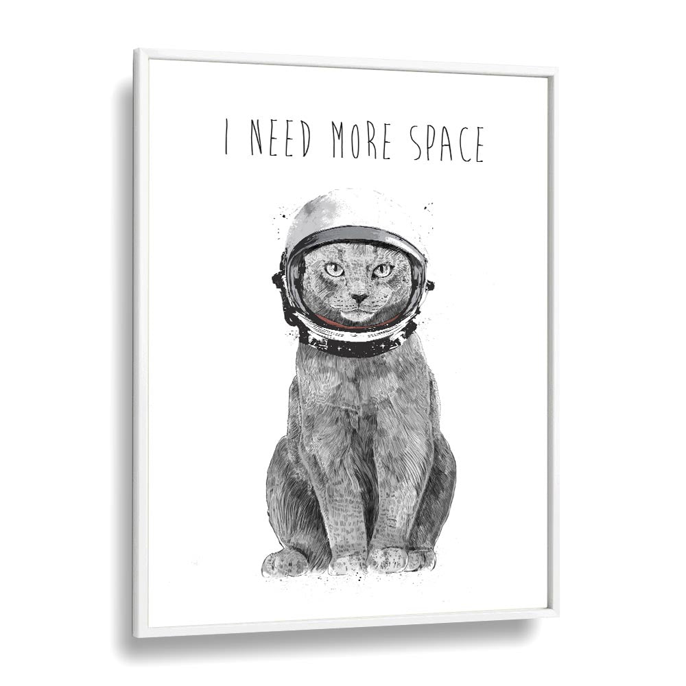 Whimsical cat in an astronaut helmet, showcasing "I NEED MORE SPACE, FANTASY" by Balazs Solti for unique décor.