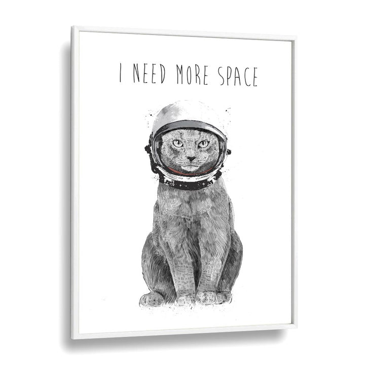 Whimsical cat in an astronaut helmet, showcasing "I NEED MORE SPACE, FANTASY" by Balazs Solti for unique décor.