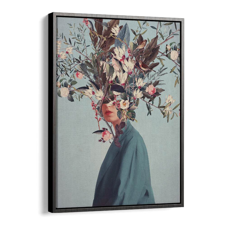 Surreal art print "I WAS HIDDEN BUT YOU SAW ME" by Frank Moth, featuring a floral headpiece and elegant colors.