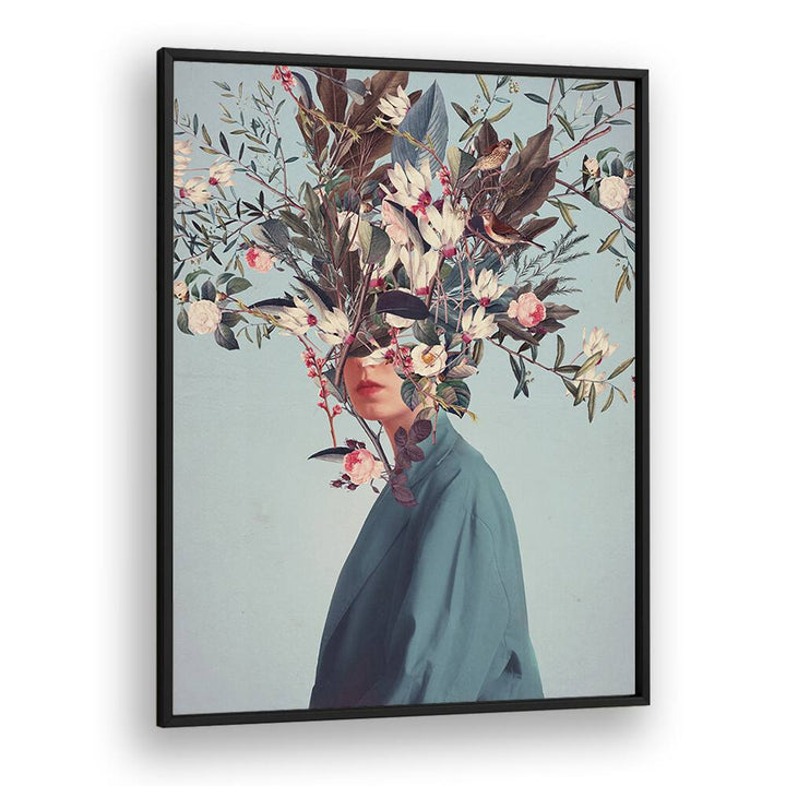 Surreal art print "I WAS HIDDEN BUT YOU SAW ME" by Frank Moth, featuring a woman with floral headpiece in a black frame.