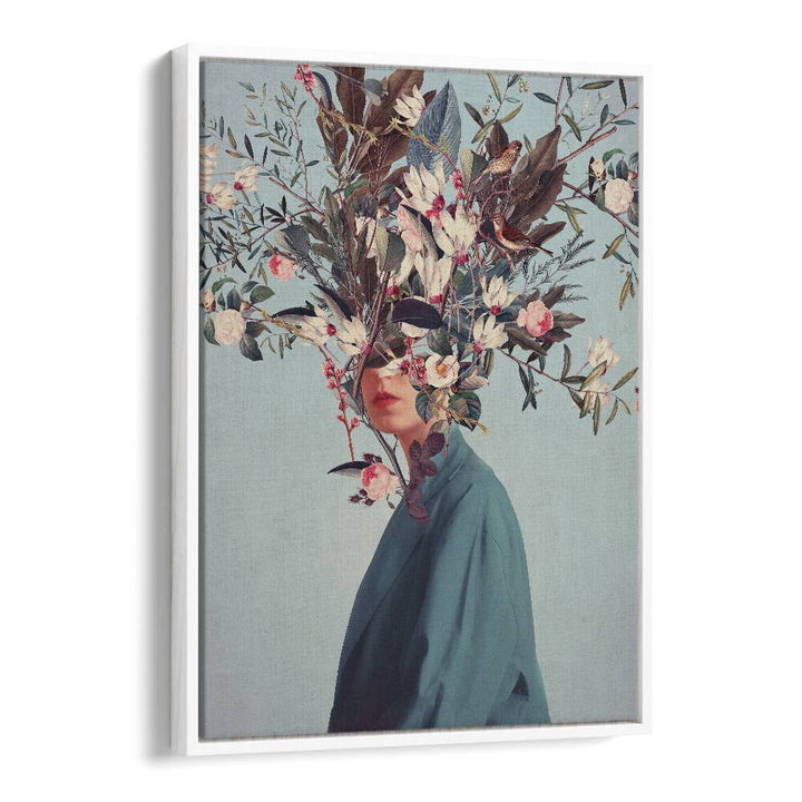 Surreal art print "I WAS HIDDEN BUT YOU SAW ME" by Frank Moth, featuring a floral headpiece for imaginative spaces.