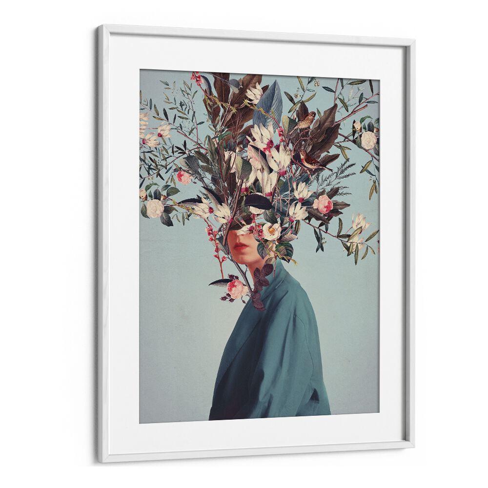 Surreal art print "I WAS HIDDEN BUT YOU SAW ME" by Frank Moth, featuring vibrant floral imagery in a white frame.