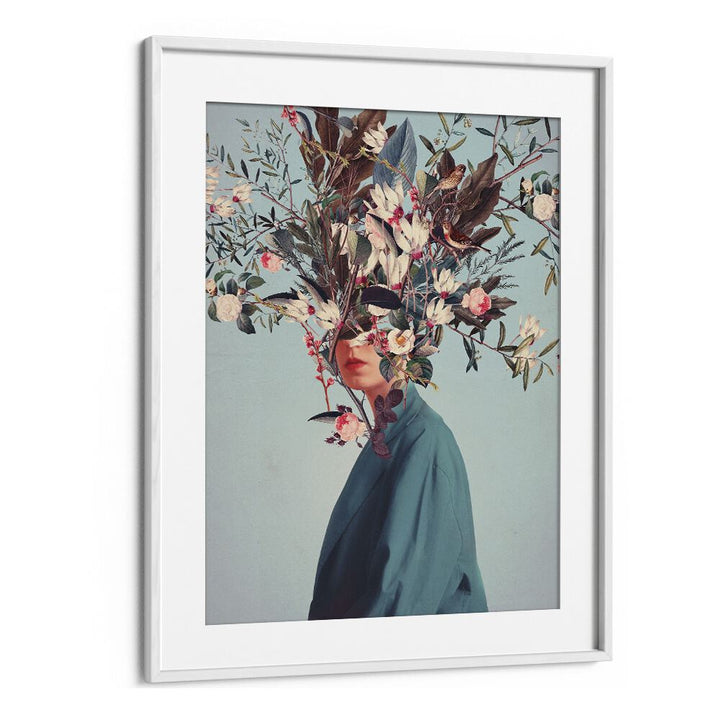 Surreal art print "I WAS HIDDEN BUT YOU SAW ME" by Frank Moth, featuring vibrant floral imagery in a white frame.