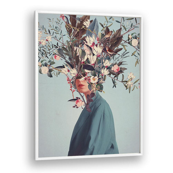 Surreal art print "I WAS HIDDEN BUT YOU SAW ME" by Frank Moth, featuring floral elements and a blue background.