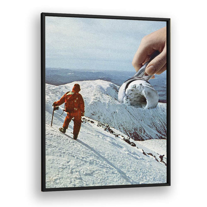 Surreal art print "Ice Cream Mountain" by Vertigo Artography features a whimsical snowy landscape and oversized ice cream scoop.