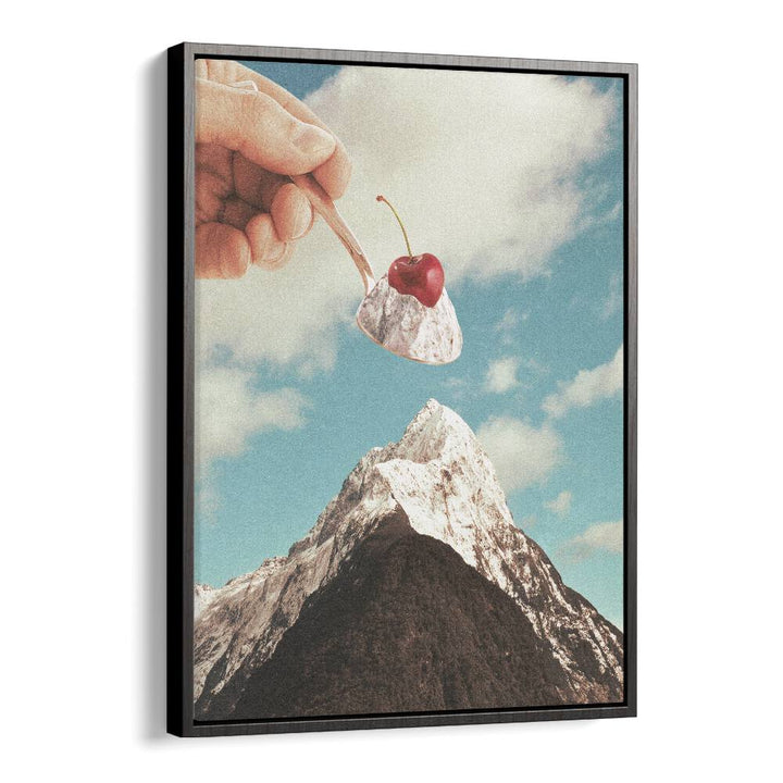 Surreal art print "ICE CREAM SUNDAE SUMMIT" by Vertigo Artography, blending desserts with mountain landscapes.