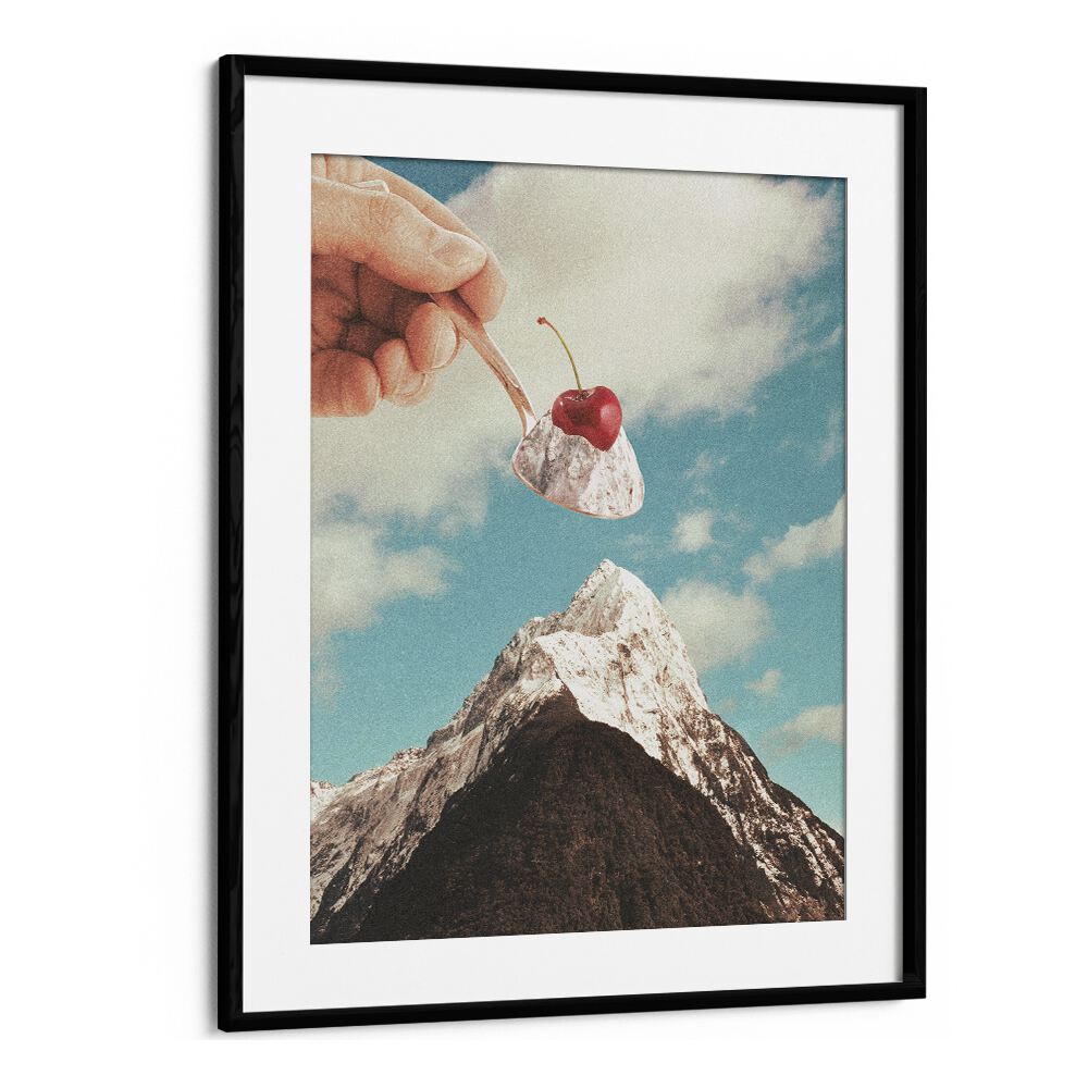 Surreal art print "ICE CREAM SUNDAE SUMMIT" by Vertigo Artography features a whimsical mountain scene.