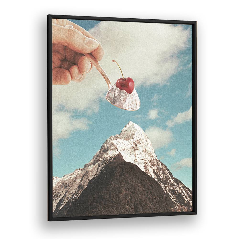 Surreal art print "ICE CREAM SUNDAE SUMMIT" by Vertigo Artography features a cherry atop a mountain scene.