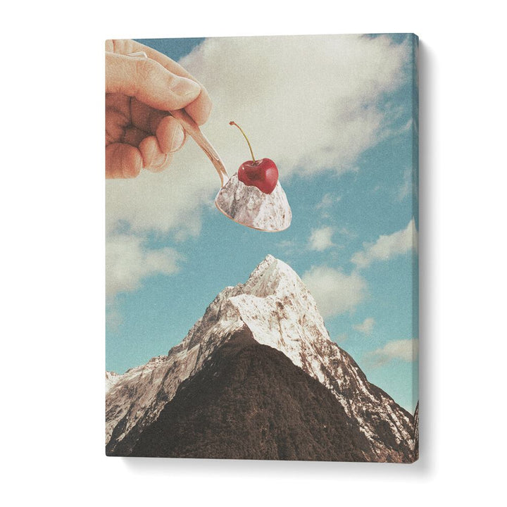 Hand holding a cherry atop a surreal ice cream mountain in the ICE CREAM SUNDAE SUMMIT, SURREAL ART PRINTS by Vertigo Artography.