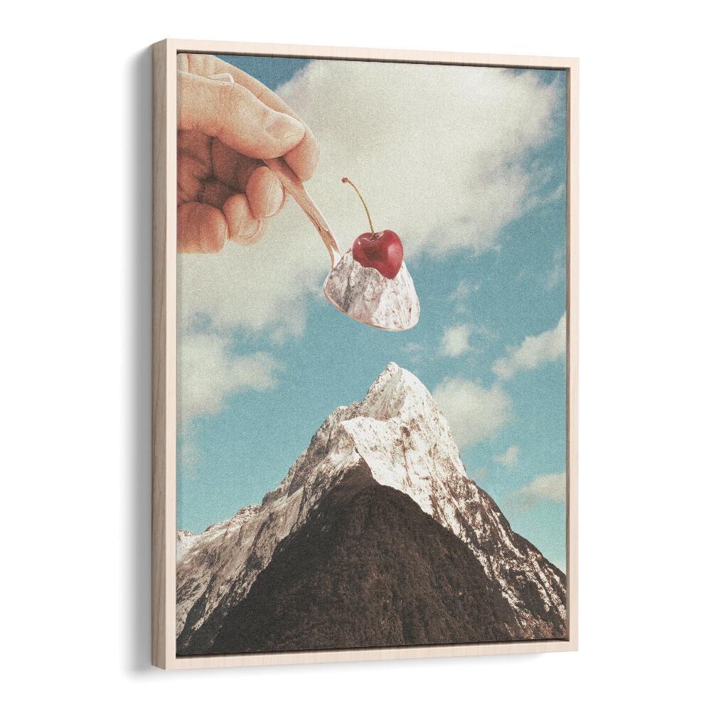 Whimsical hand holding an ice cream sundae atop a mountain in ICE CREAM SUNDAE SUMMIT, SURREAL ART PRINTS by Vertigo Artography.