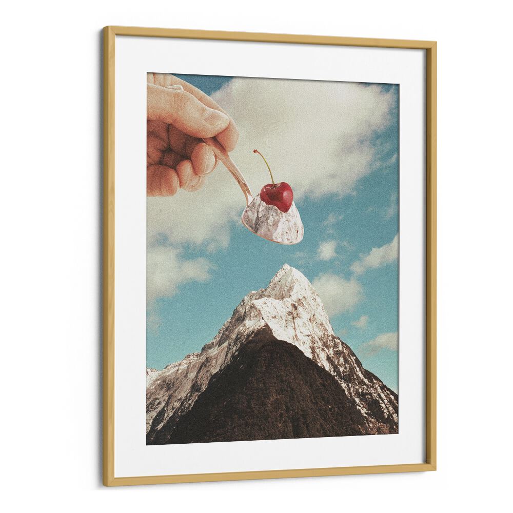 Surreal art print "ICE CREAM SUNDAE SUMMIT" by Vertigo Artography features a cherry atop a mountain scene.