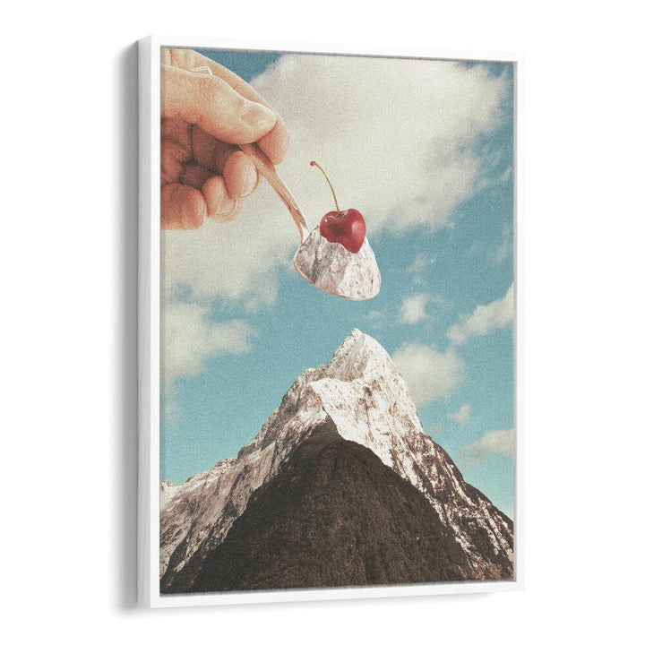 Whimsical hand holding ice cream atop a mountain, showcasing ICE CREAM SUNDAE SUMMIT, SURREAL ART PRINTS by Vertigo Artography.