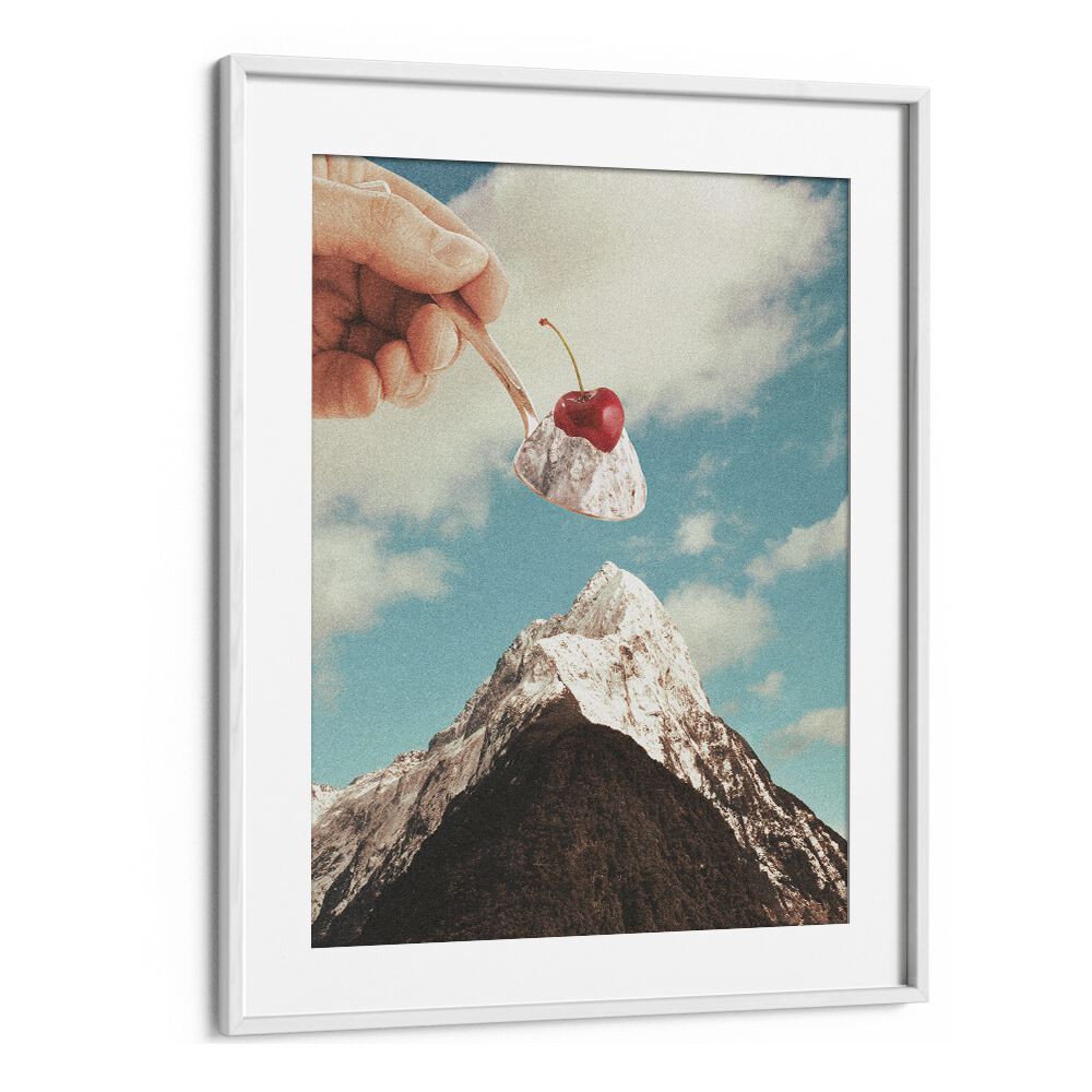 Whimsical hand holding a cherry-topped scoop near a mountain in ICE CREAM SUNDAE SUMMIT, SURREAL ART PRINTS by Vertigo Artography.