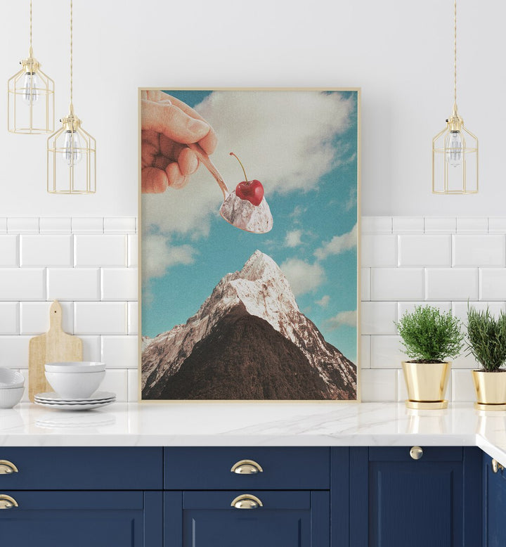 Surreal art print, ICE CREAM SUNDAE SUMMIT, showcasing a whimsical cherry-topped mountain by Vertigo Artography.