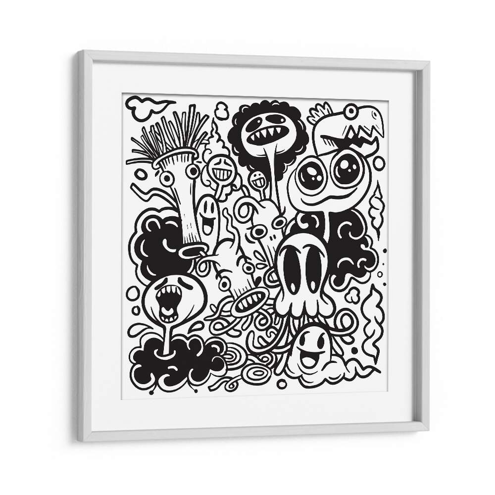 Imaginary Islands B&w Doodle Art Artwork in White Frame With Mount