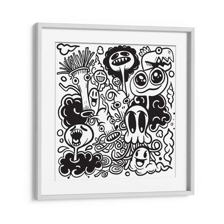 Imaginary Islands B&w Doodle Art Artwork in White Frame With Mount