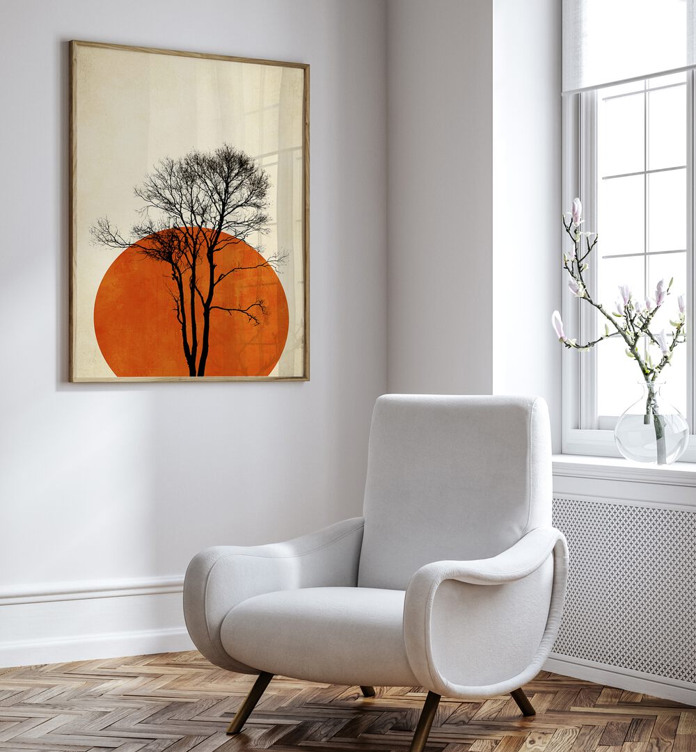 Solitary tree silhouette against an orange circle in "In the Wilderness," captivating landscape paintings at Asianmon.