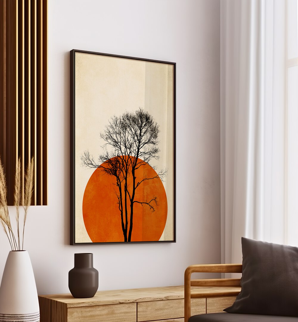 Solitary tree silhouette against a vibrant sunset in "In the Wilderness" landscape paintings at Asianmon.