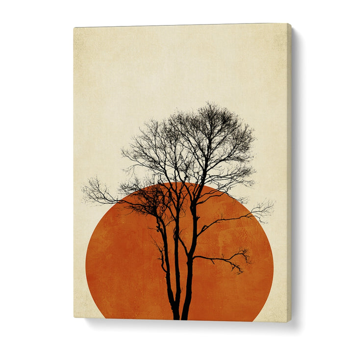 Silhouette of a solitary tree against a vibrant orange circle, showcasing "In the Wilderness, Landscape Paintings" at Asianmon.
