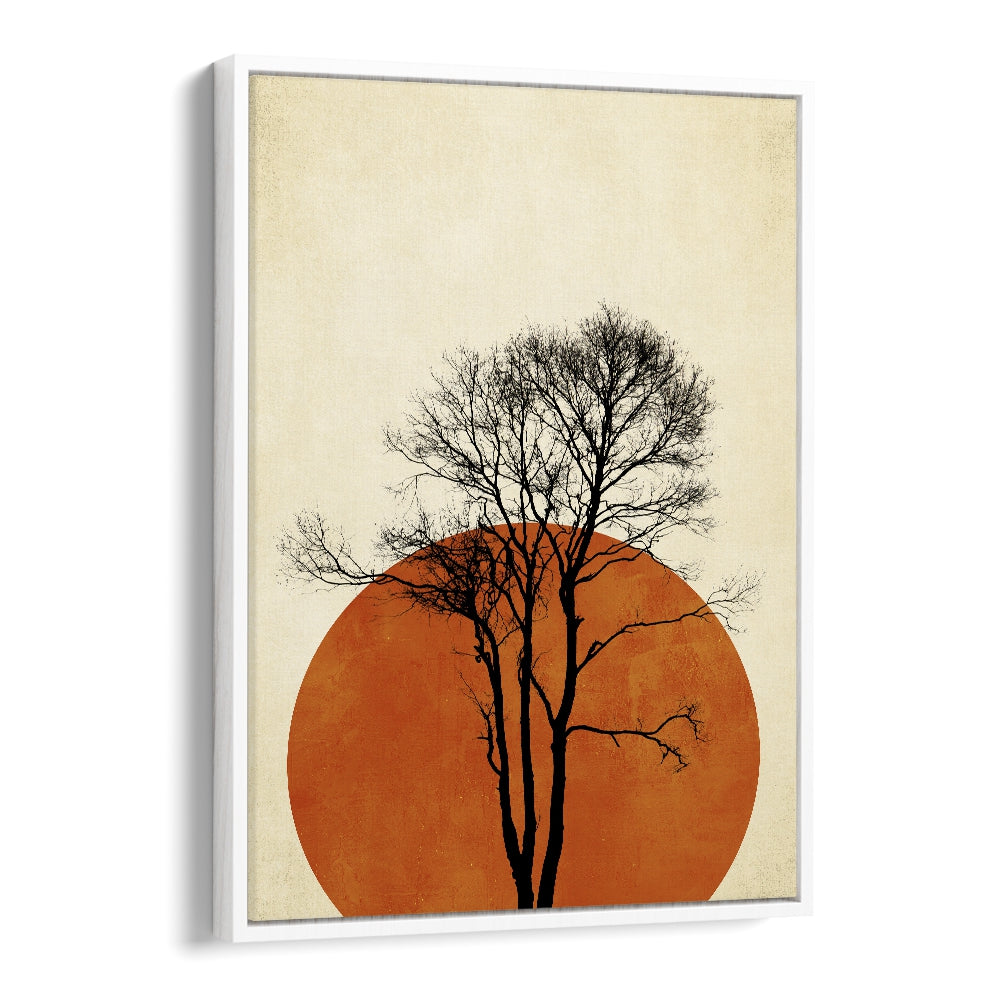 Solitary tree silhouette with a warm sunset backdrop in "In the Wilderness," available at Asianmon, showcasing landscape paintings.