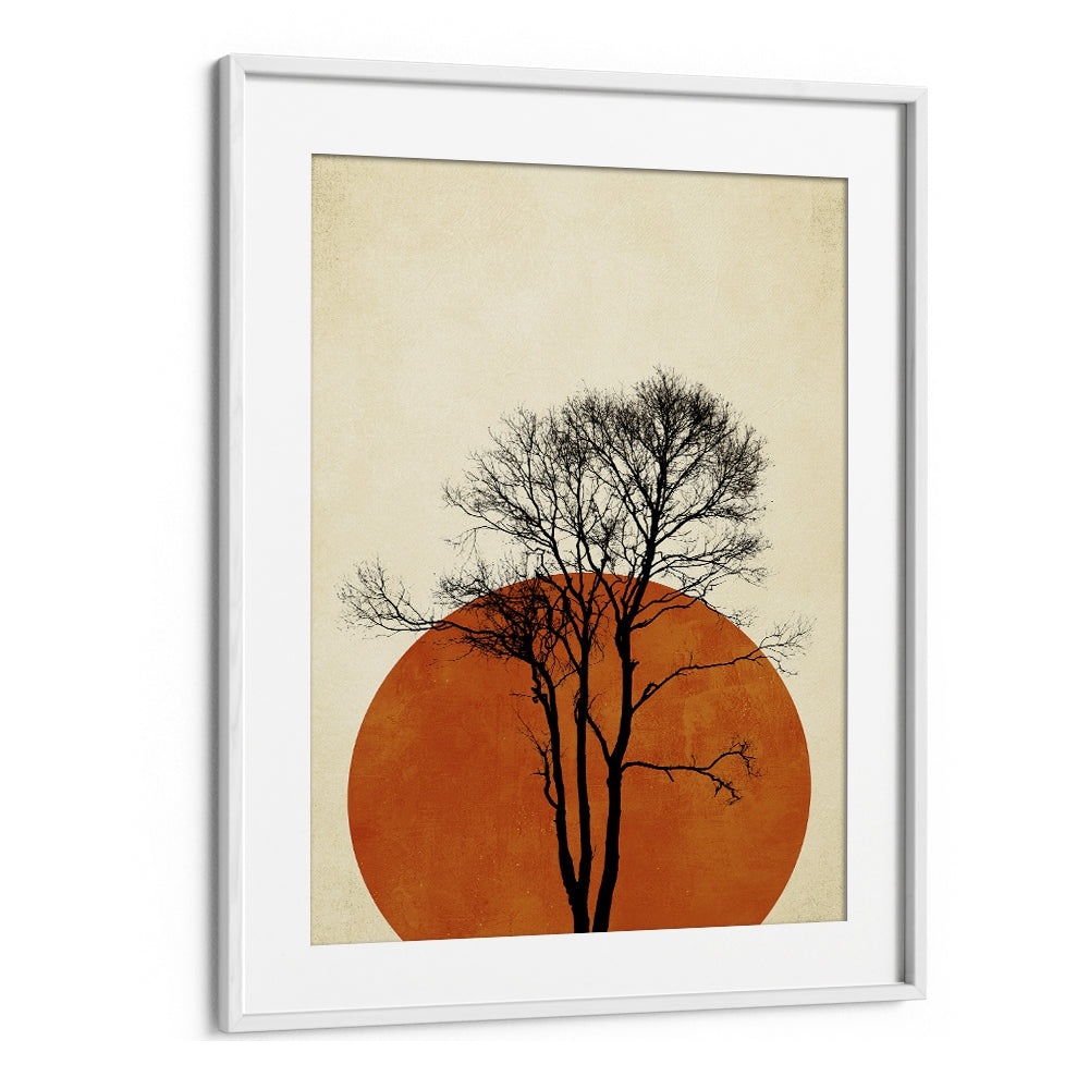 Silhouette of a bare tree against an orange circle in "In the Wilderness" landscape paintings from Asianmon.