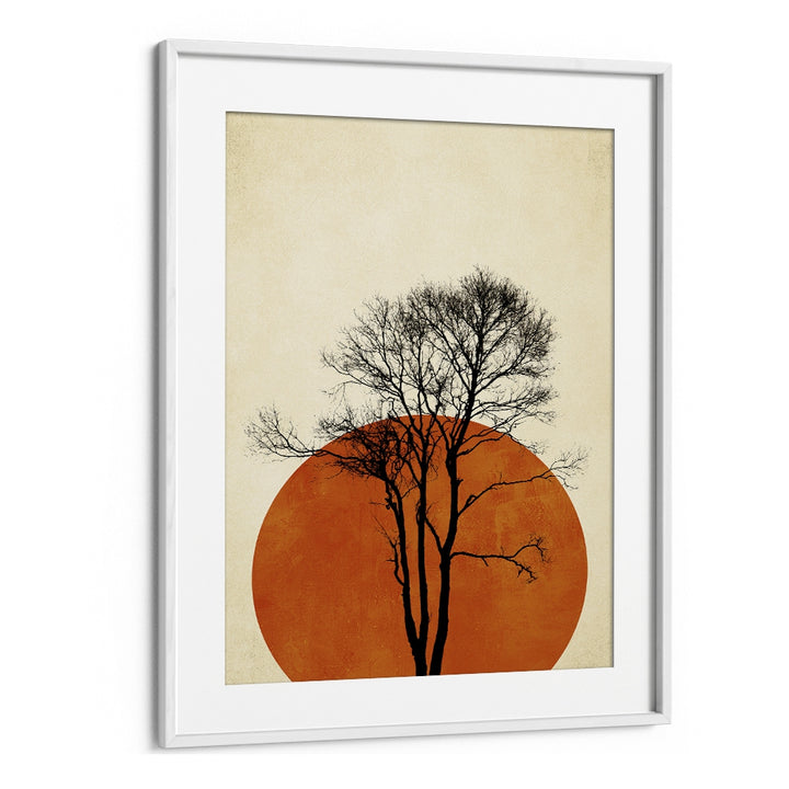 Silhouette of a bare tree against an orange circle in "In the Wilderness" landscape paintings from Asianmon.