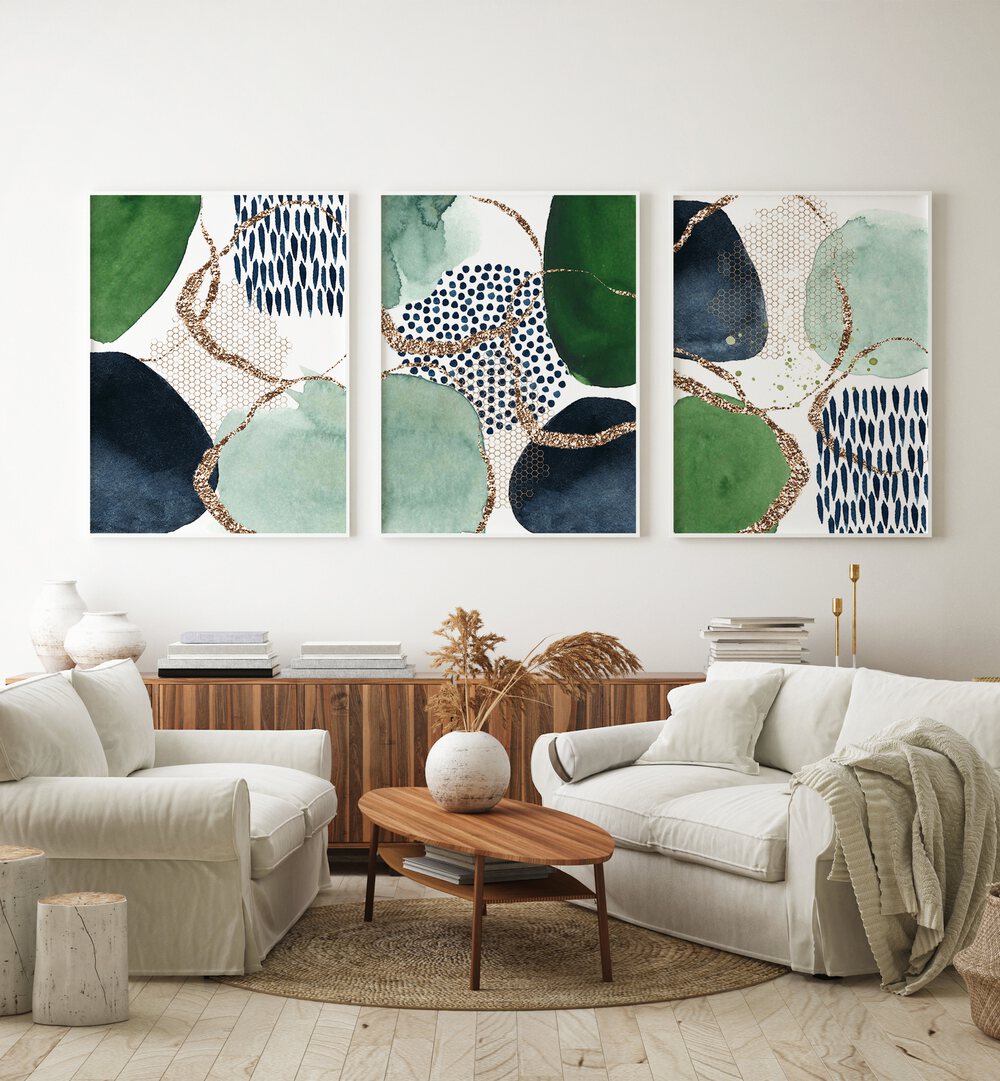 Exquisite INDIGO GREEN GLITTER SET, SET OF 3 PAINTINGS, perfect for elevating your home decor with vibrant colors.