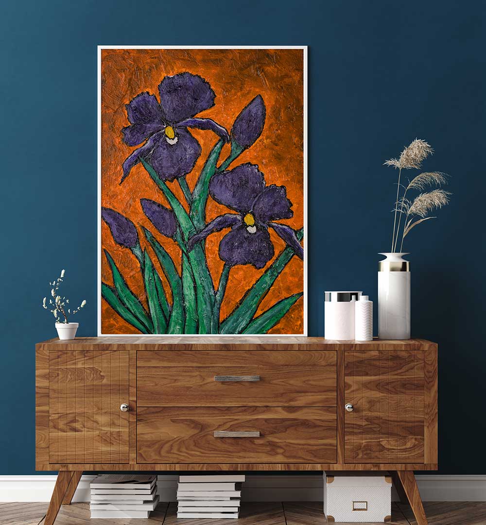 Vibrant IRISES III, FLORAL FLOWER PAINTINGS brighten any space with bold colors and expressive brushwork.