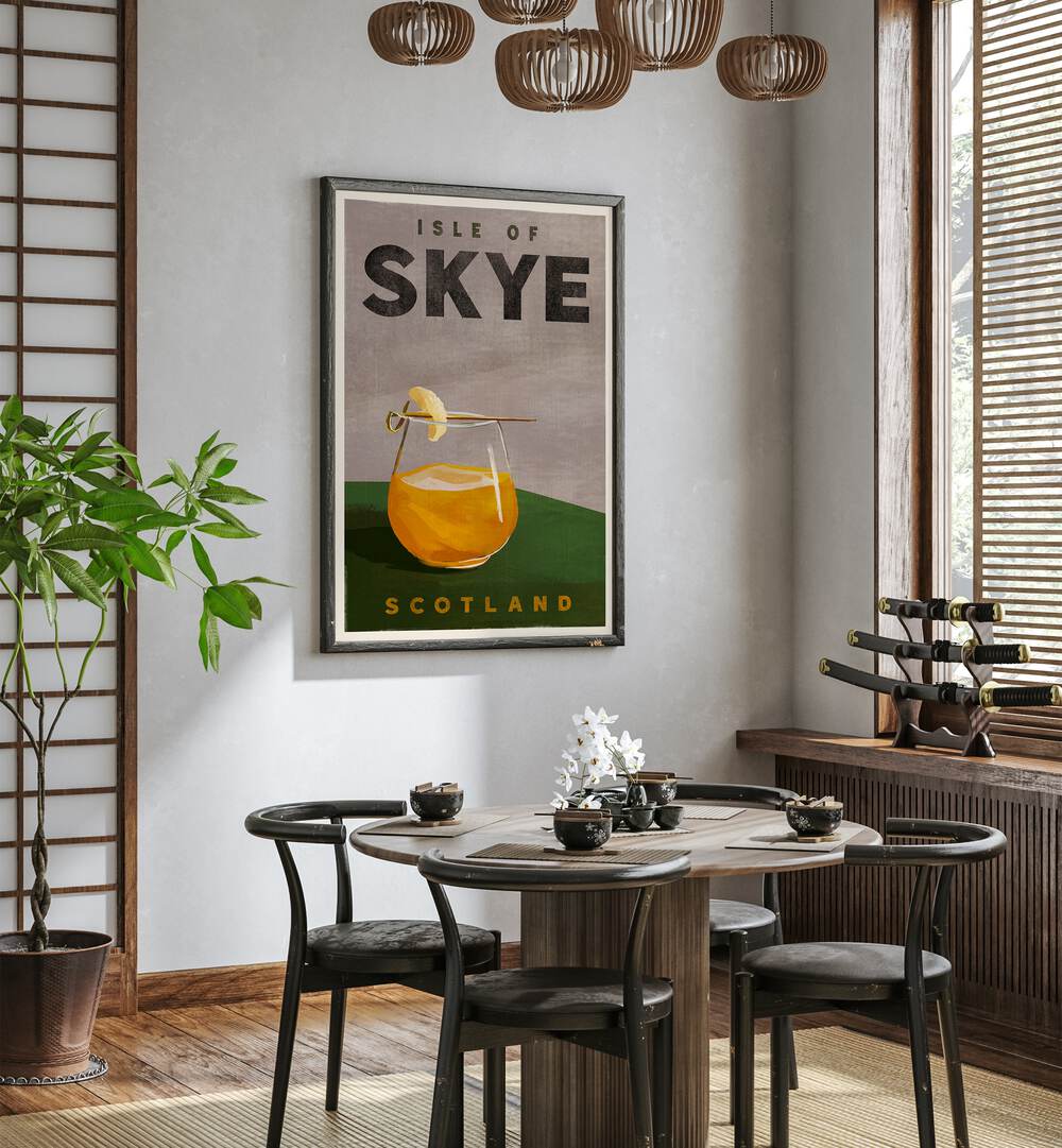 Stylish ISLE OF SKYE COCKTAIL, BAR art showcases Scotland's charm in a modern cafe setting. Perfect for decor lovers.