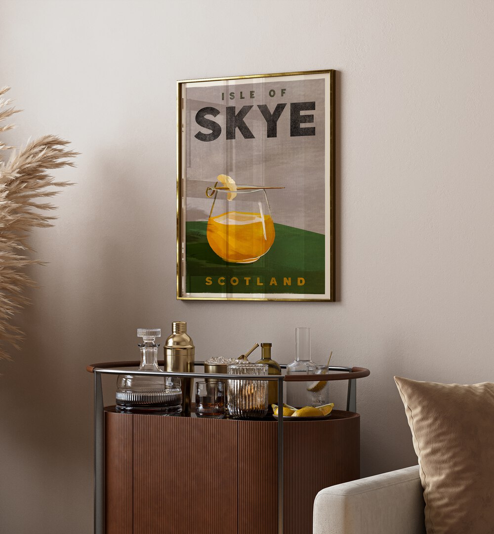 Charming Isle of Skye Cocktail art, perfect for a bar or cafe, showcasing Scotland's beauty in design.