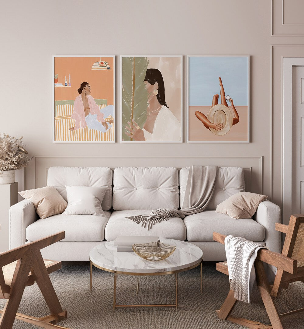 Elevate your space with the IVY GREEN ARTWORKS SET, SET OF 3 PAINTINGS showcasing serene ivy leaf artistry.