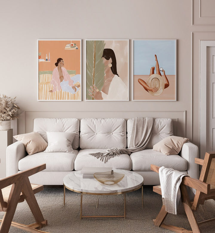 Elevate your space with the IVY GREEN ARTWORKS SET, SET OF 3 PAINTINGS showcasing serene ivy leaf artistry.