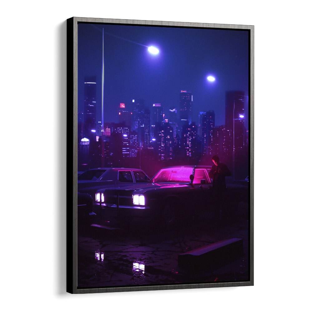 Surreal art print "ILLICIT ACTIVITY" by Ritvik Takkar, featuring a vibrant urban scene in a black floater frame.