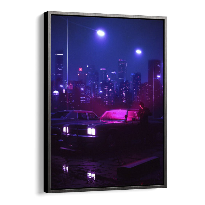 Surreal art print "ILLICIT ACTIVITY" by Ritvik Takkar, featuring a vibrant urban scene in a black floater frame.