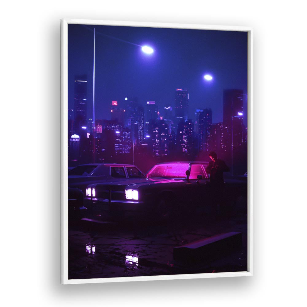 Surreal art print "ILLICIT ACTIVITY" by Ritvik Takkar, featuring urban nightscape and modern elegance.