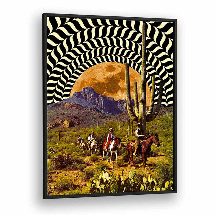 Illusionary Cowboys, Surreal Art Prints feature a mesmerizing desert scene with vibrant colors and unique patterns.