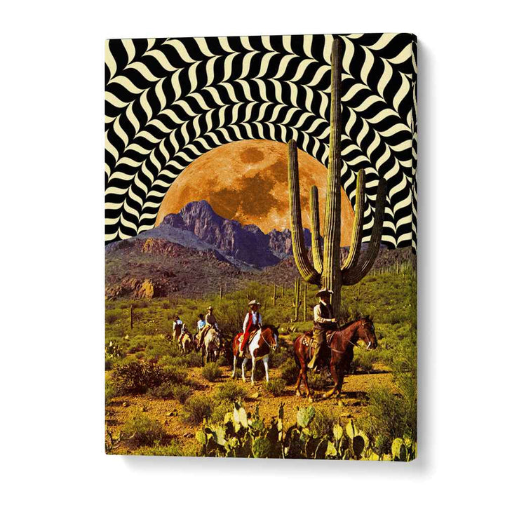 Vibrant ILLUSIONARY COWBOYS, SURREAL ART PRINTS capture a magical desert scene, perfect for any art lover's space.