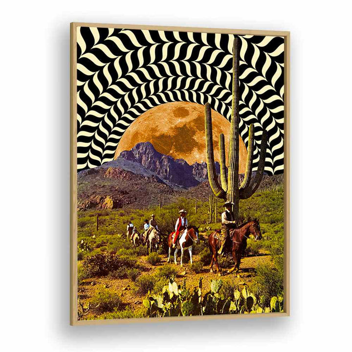 Illusionary Cowboys, surreal art prints in a striking oak frame, transforming spaces with enchanting visuals.