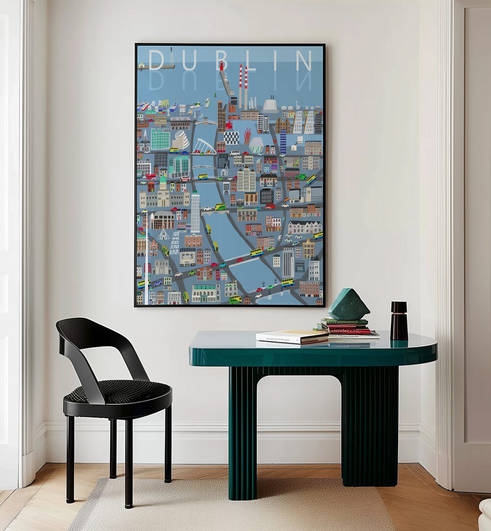 Vibrant ILLUSTRATED VIEW OF DUBLIN CITY, TRAVEL POSTERS by Carla Daly, showcasing Dublin's charm and culture.