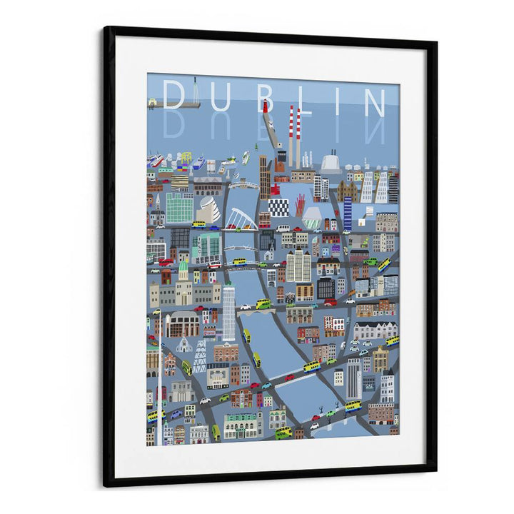 Stunning ILLUSTRATED VIEW OF DUBLIN CITY, TRAVEL POSTERS by Carla Daly, showcasing Dublin's vibrant streets and culture.