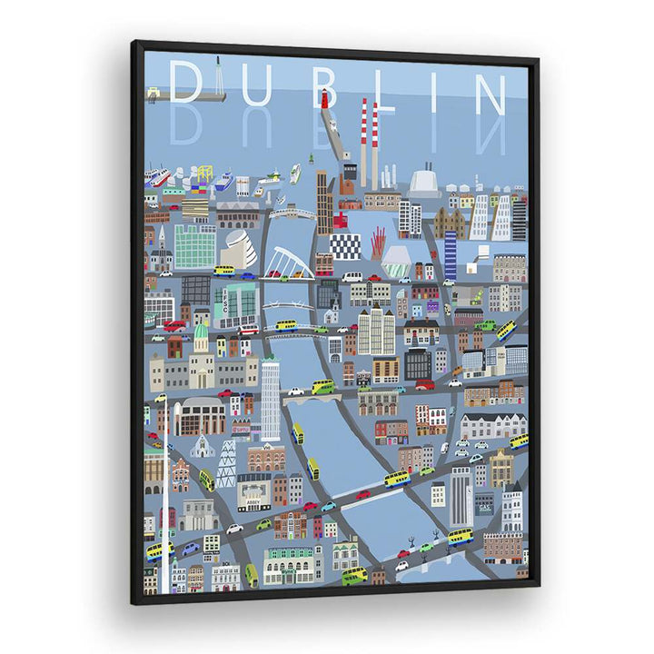 Vibrant ILLUSTRATED VIEW OF DUBLIN CITY, TRAVEL POSTERS by Carla Daly captures Dublin's rich culture and history.