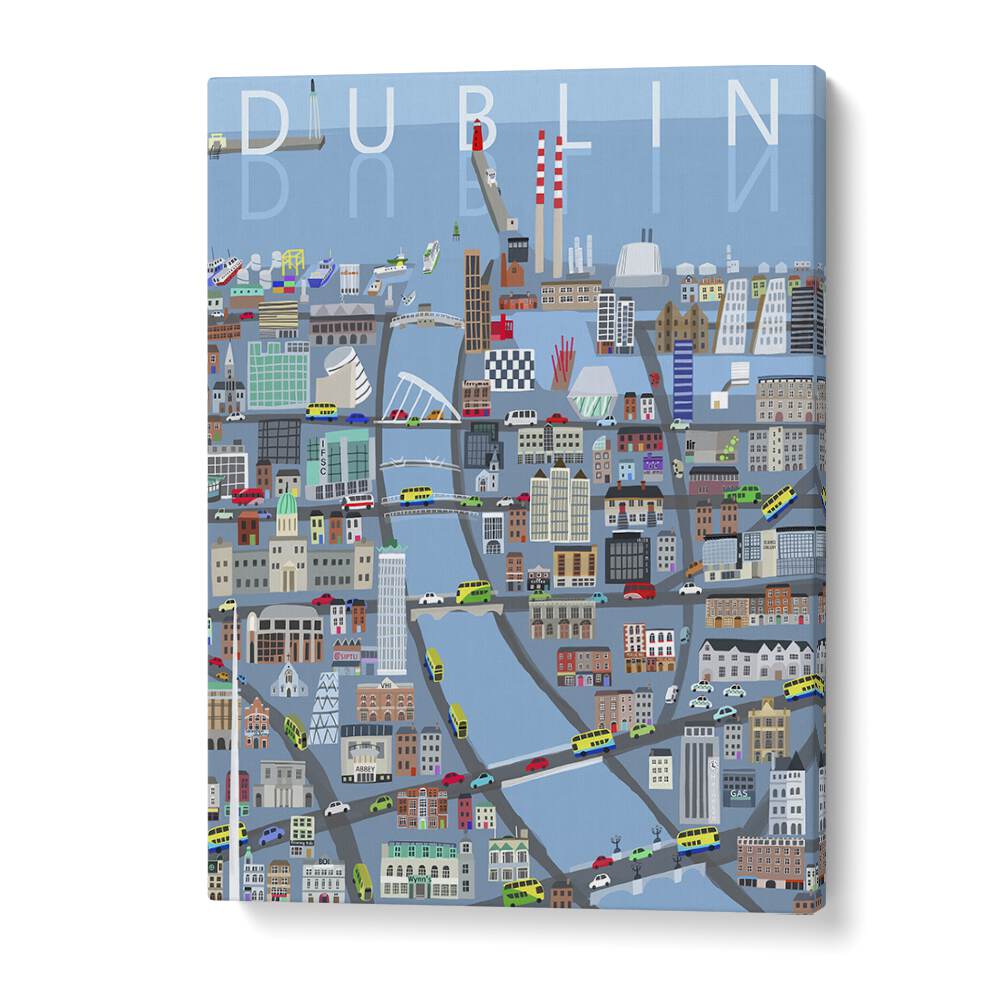 Vibrant ILLUSTRATED VIEW OF DUBLIN CITY, TRAVEL POSTERS by Carla Daly capturing the essence of Dublin's charm.