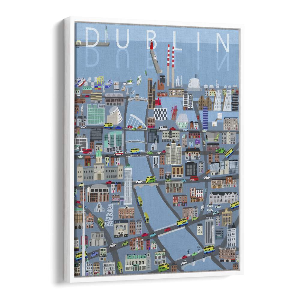 Colorful ILLUSTRATED VIEW OF DUBLIN CITY, TRAVEL POSTERS by Carla Daly, showcasing the city's vibrant culture and charm.