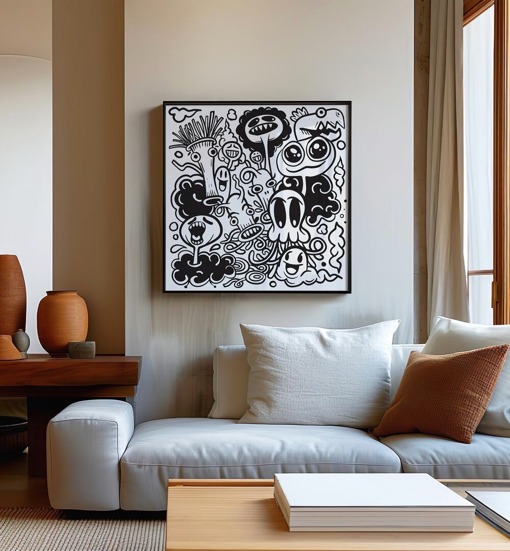 Imaginary Islands BW Doodle Art Painting in Black Plain Frame placed on a wall behind a sofa