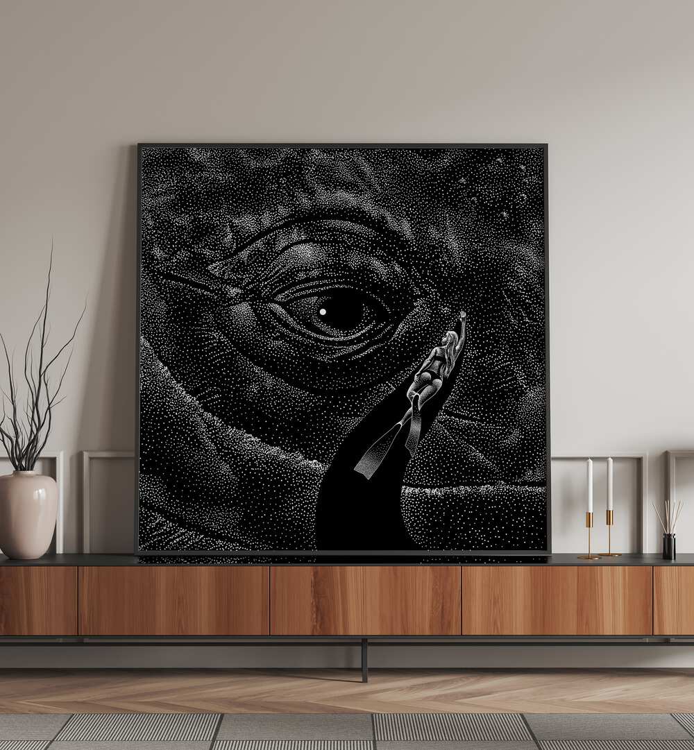 Explore the depths of imagination with IN THE WHALE'S EYE MONOCHROME, SURREAL ART PRINTS by Aliriza Çakır.
