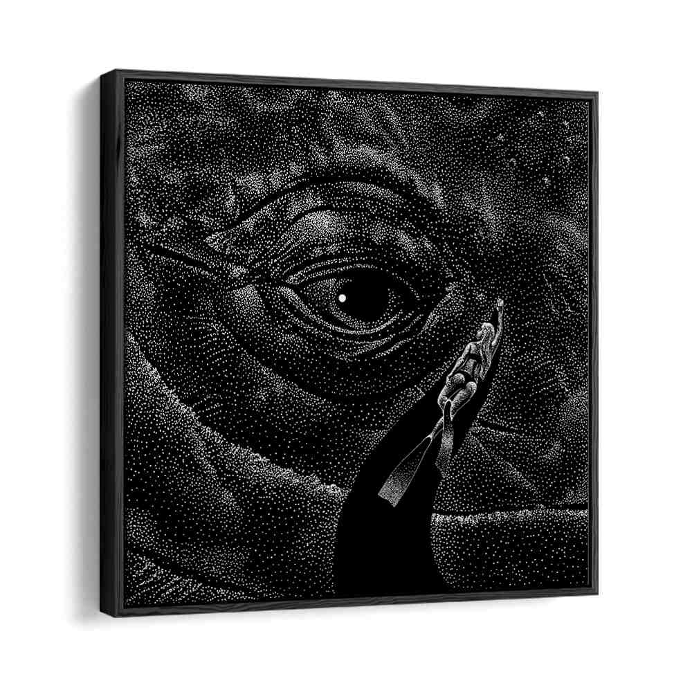 Explore the depths of imagination with IN THE WHALE'S EYE MONOCHROME, SURREAL ART PRINTS by Aliriza Çakır.